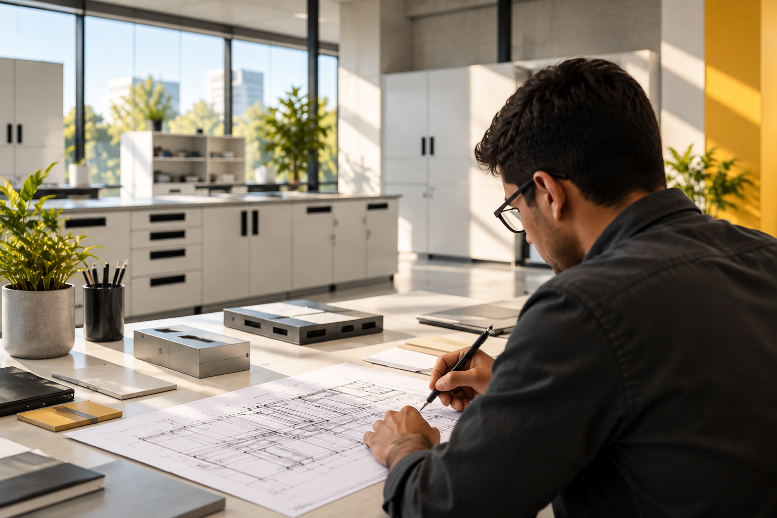 Architect working on technical drawings in a bright, modern workspace