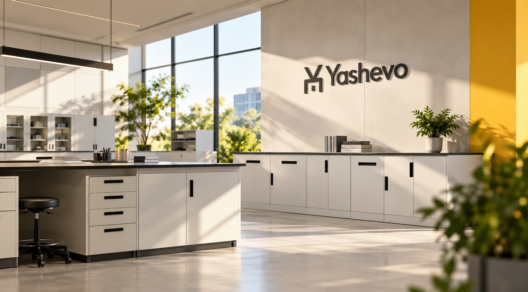 Bright, modern Yashevo workspace with streamlined cabinetry, work surfaces and natural light