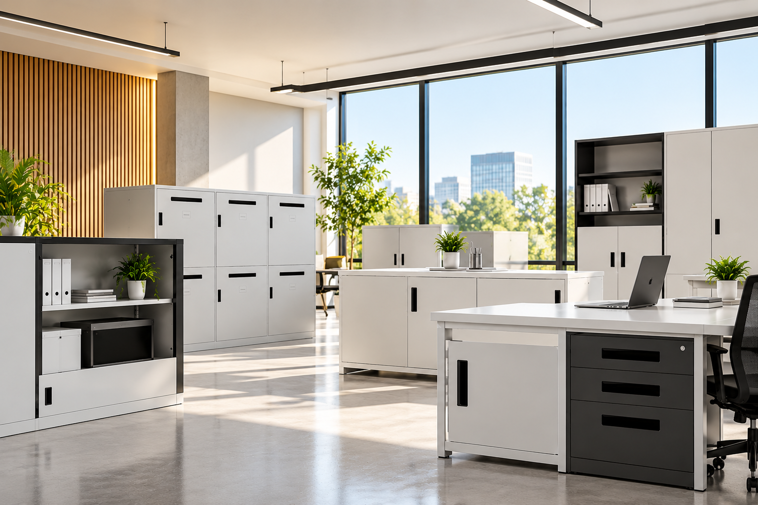 Modern commercial workspace featuring engineered desks and steel storage cabinets
