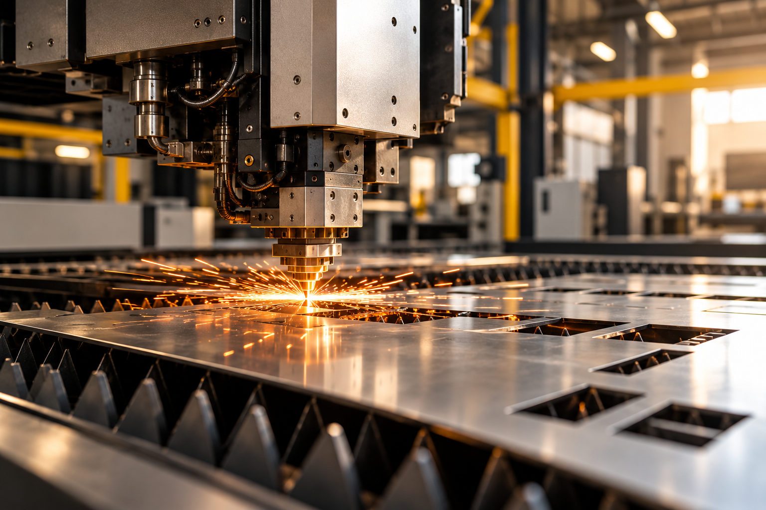 CNC laser cutting a sheet of steel