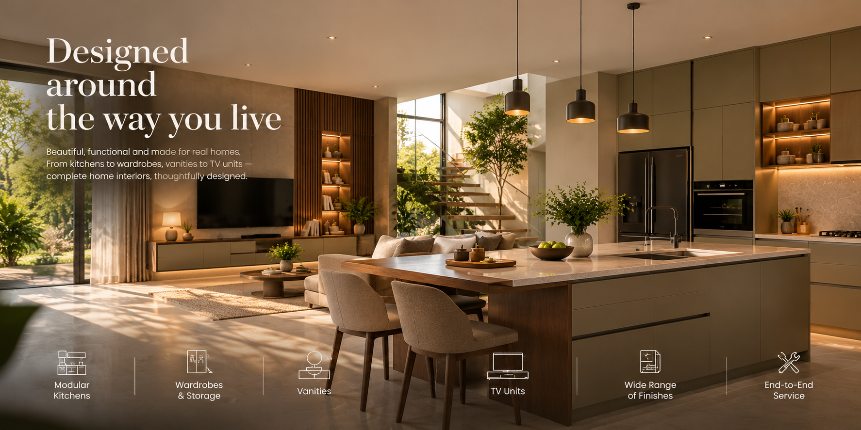 Yashevo home furniture concept featuring modular kitchens, wardrobes, vanities, TV units and finish options