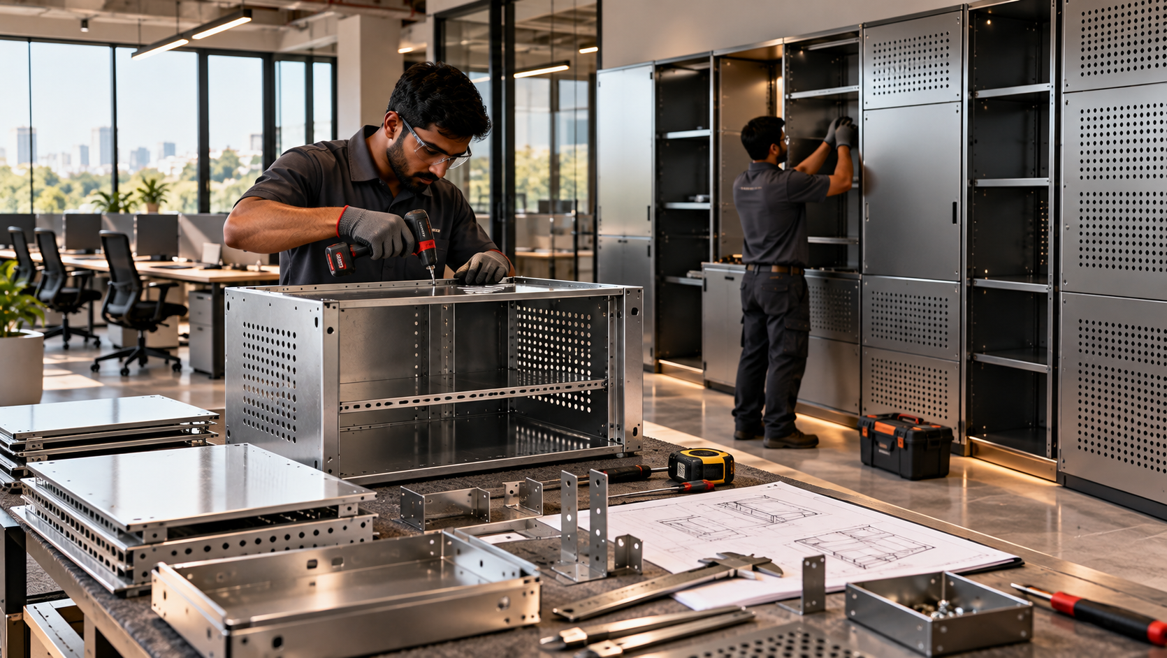 Technicians assembling sheet-metal storage cabinets in a modern office environment