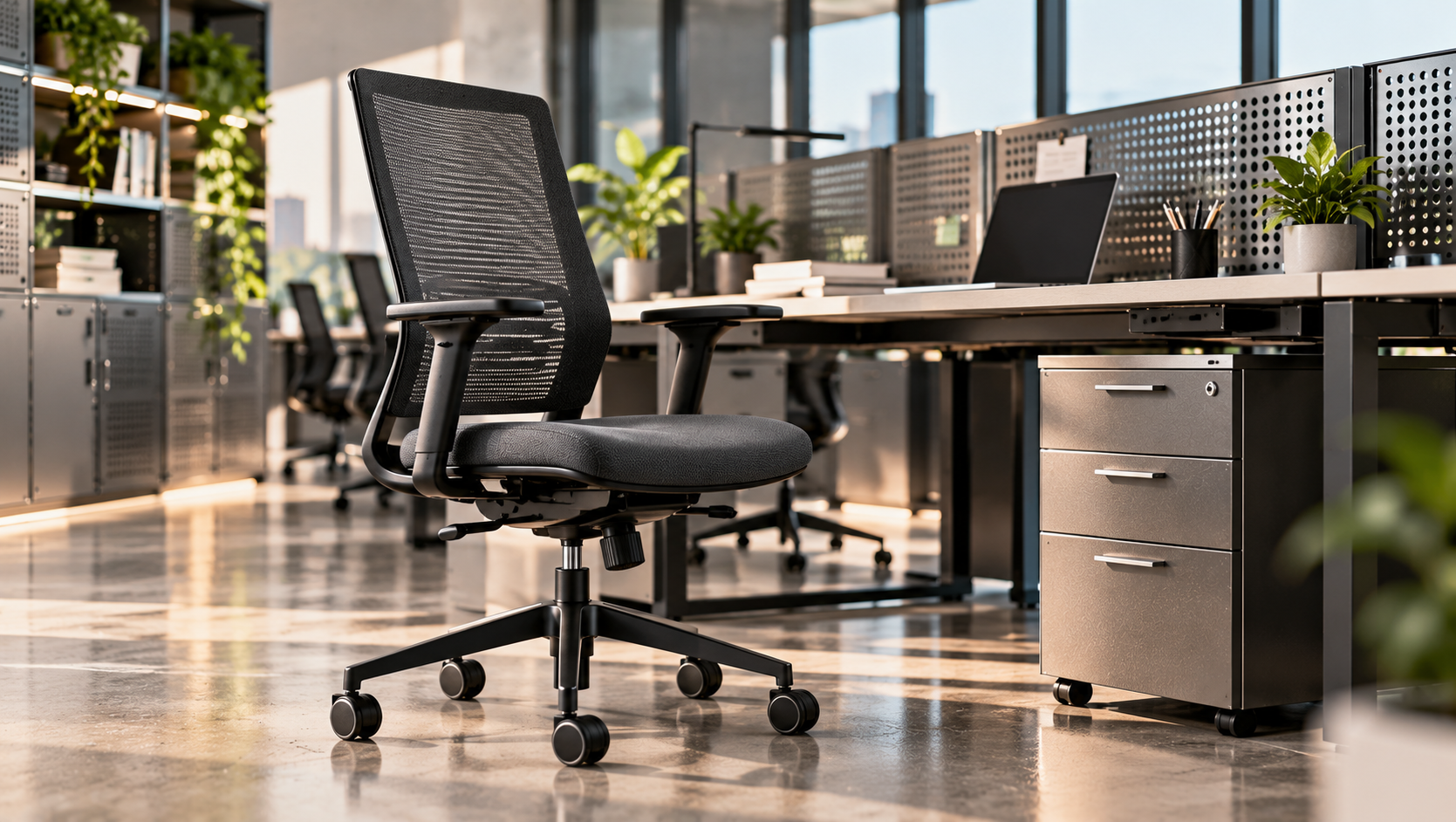 Ergonomic black mesh office chair in a contemporary workplace with metal storage and partitions