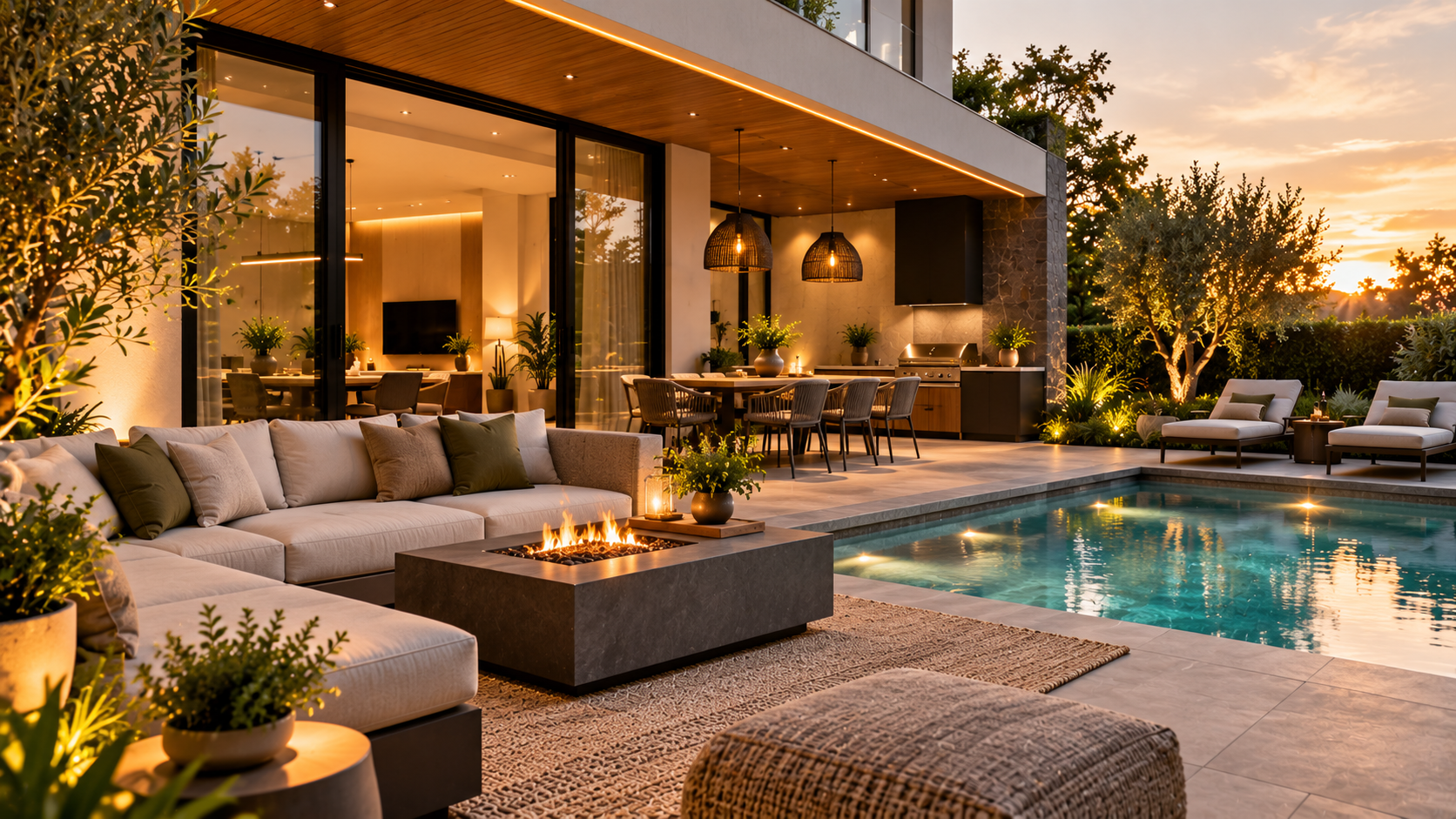 Contemporary architectural setting with integrated outdoor living and storage areas