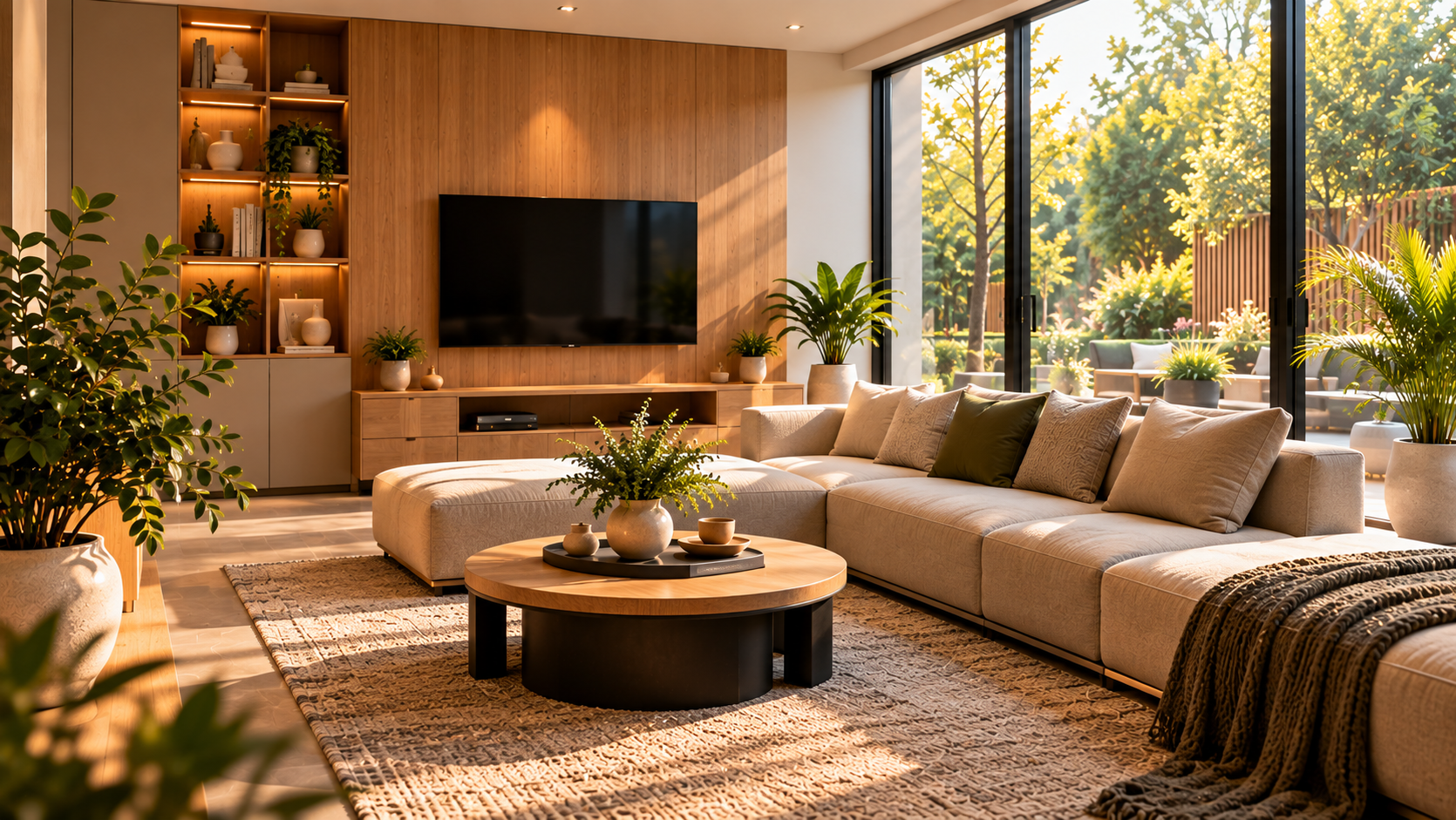 Contemporary residential living room with integrated wooden storage and warm natural lighting