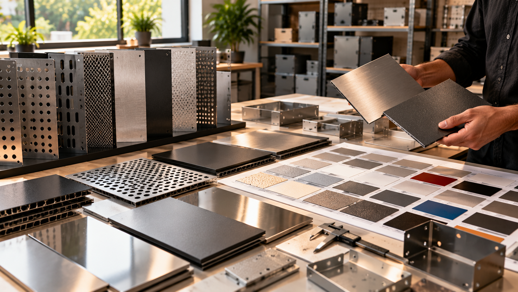 Sheet-metal finish samples and perforated metal components arranged for material and surface finish selection