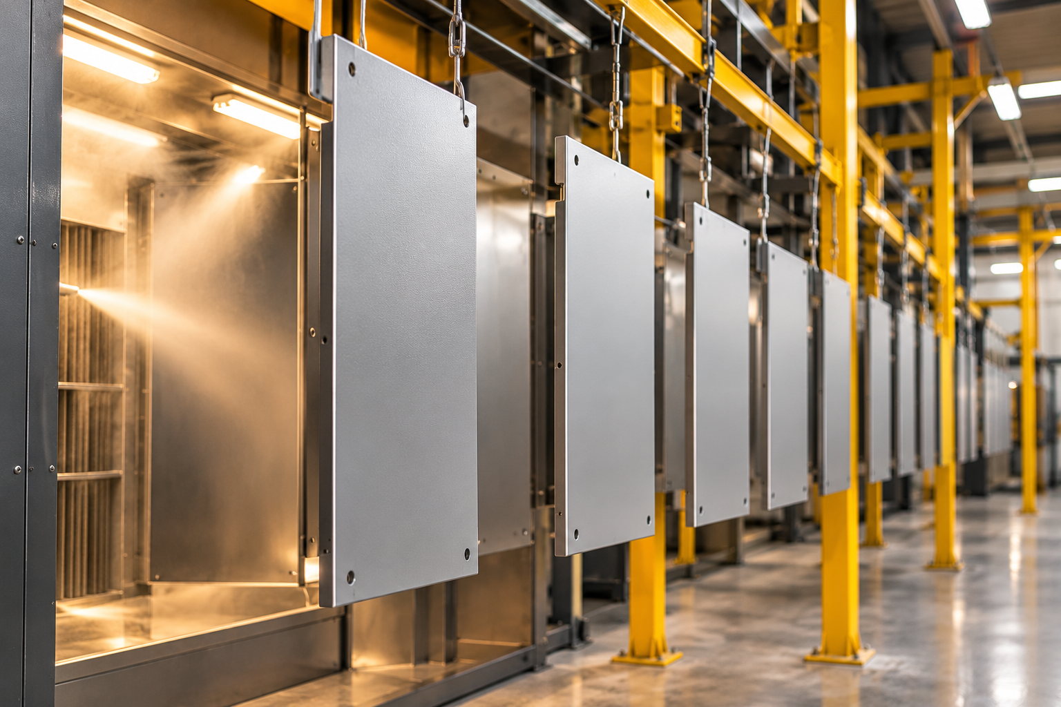 Metal panels on an industrial finishing line