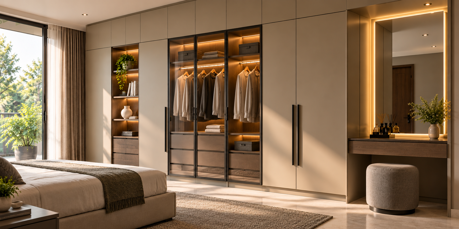 Full-height modular wardrobe with integrated vanity and warm lighting