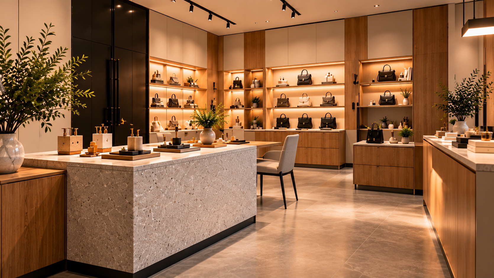 Premium boutique showroom with illuminated display shelving and integrated cabinetry