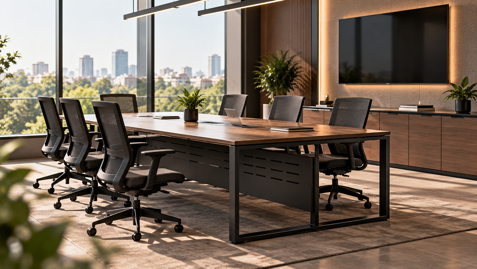 Executive conference room with contemporary meeting furniture and coordinated metal detailing