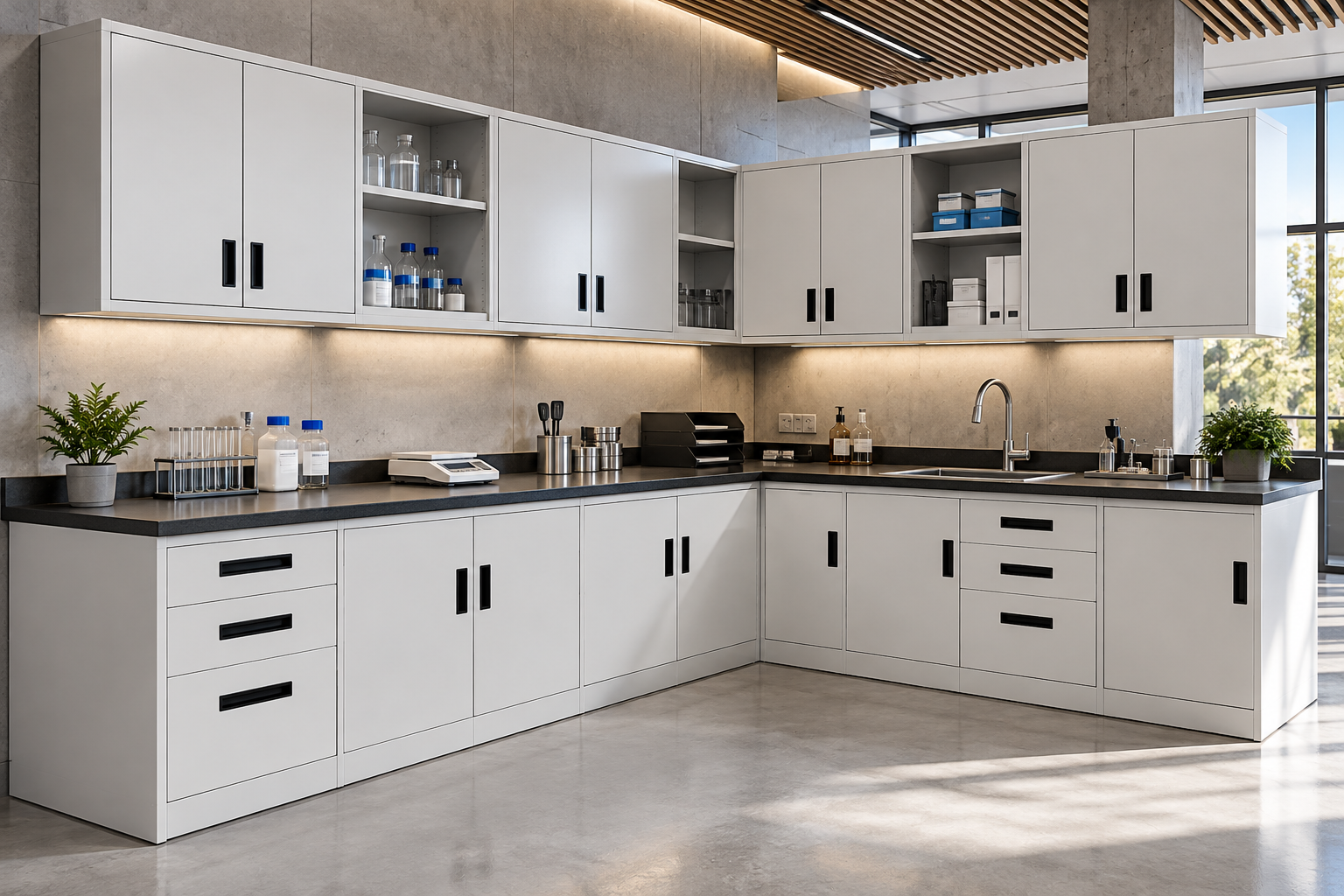 L-shaped laboratory workbench with base and wall cabinets
