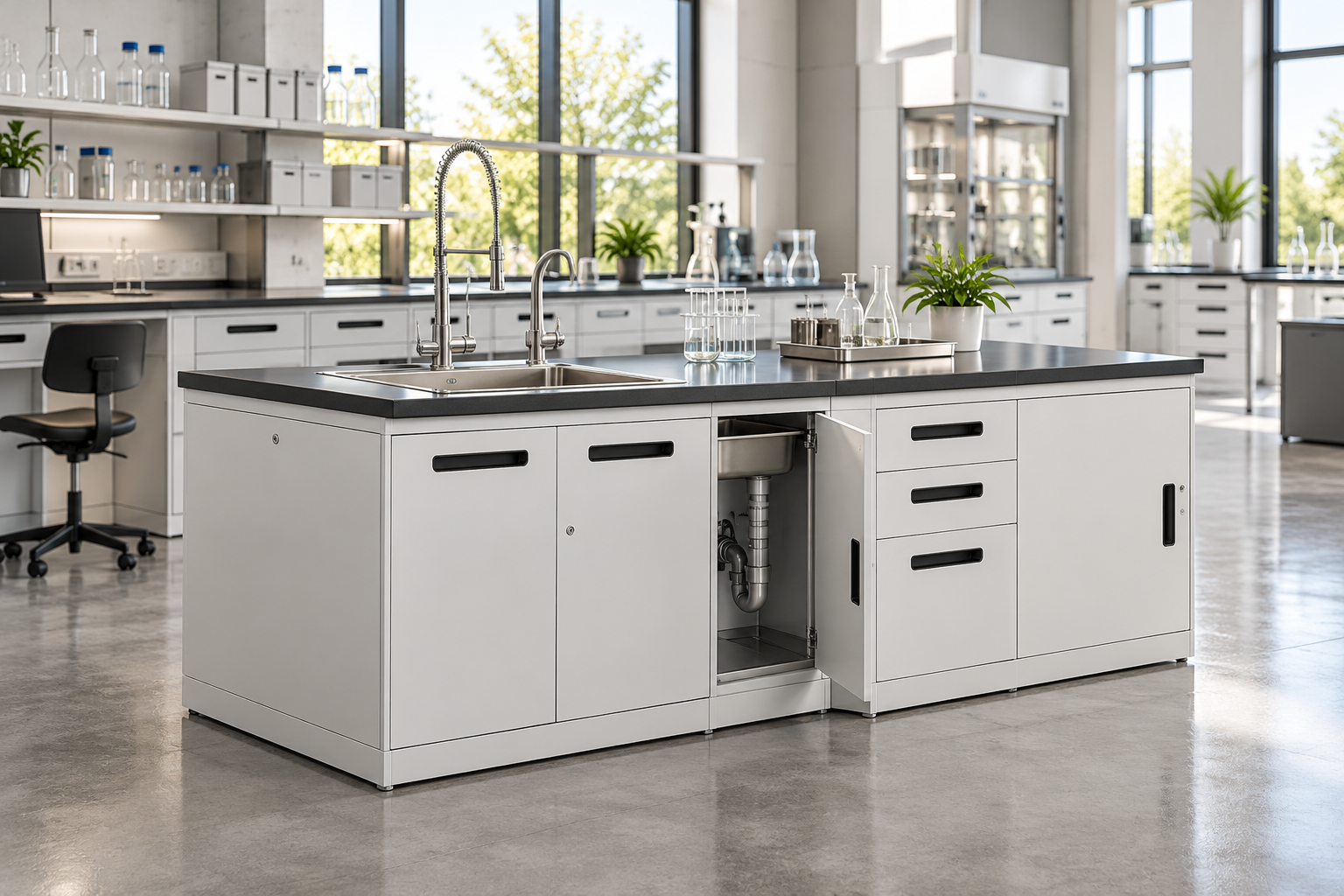Laboratory sink island with steel cabinets and plumbing access