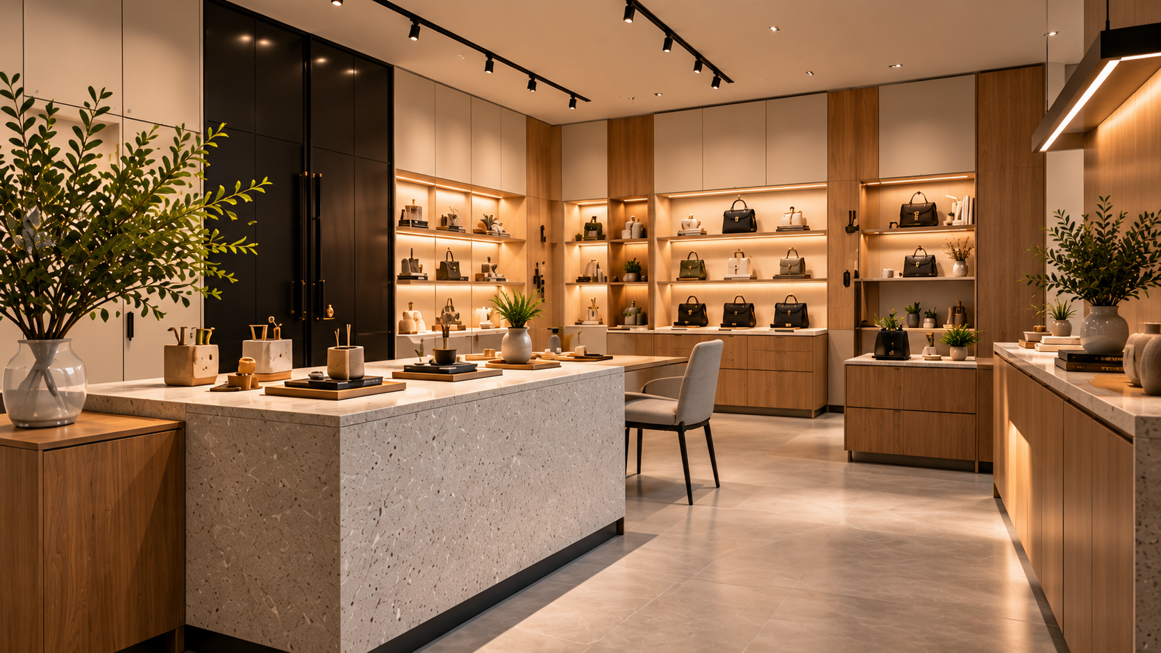 Modern showroom with illuminated display shelving and integrated storage cabinetry