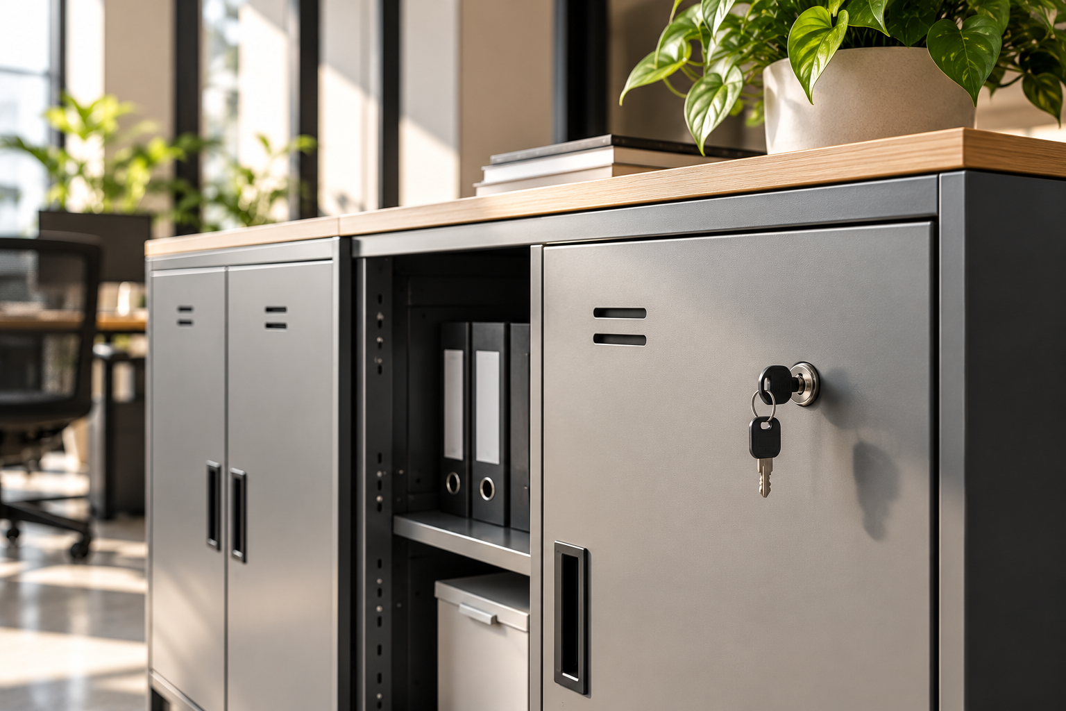 Metal office storage cabinets with integrated shelves and secure locking