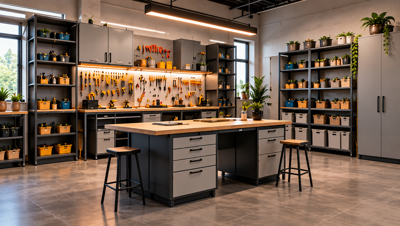 Organised workshop with metal storage cabinets, tool shelving and workbenches
