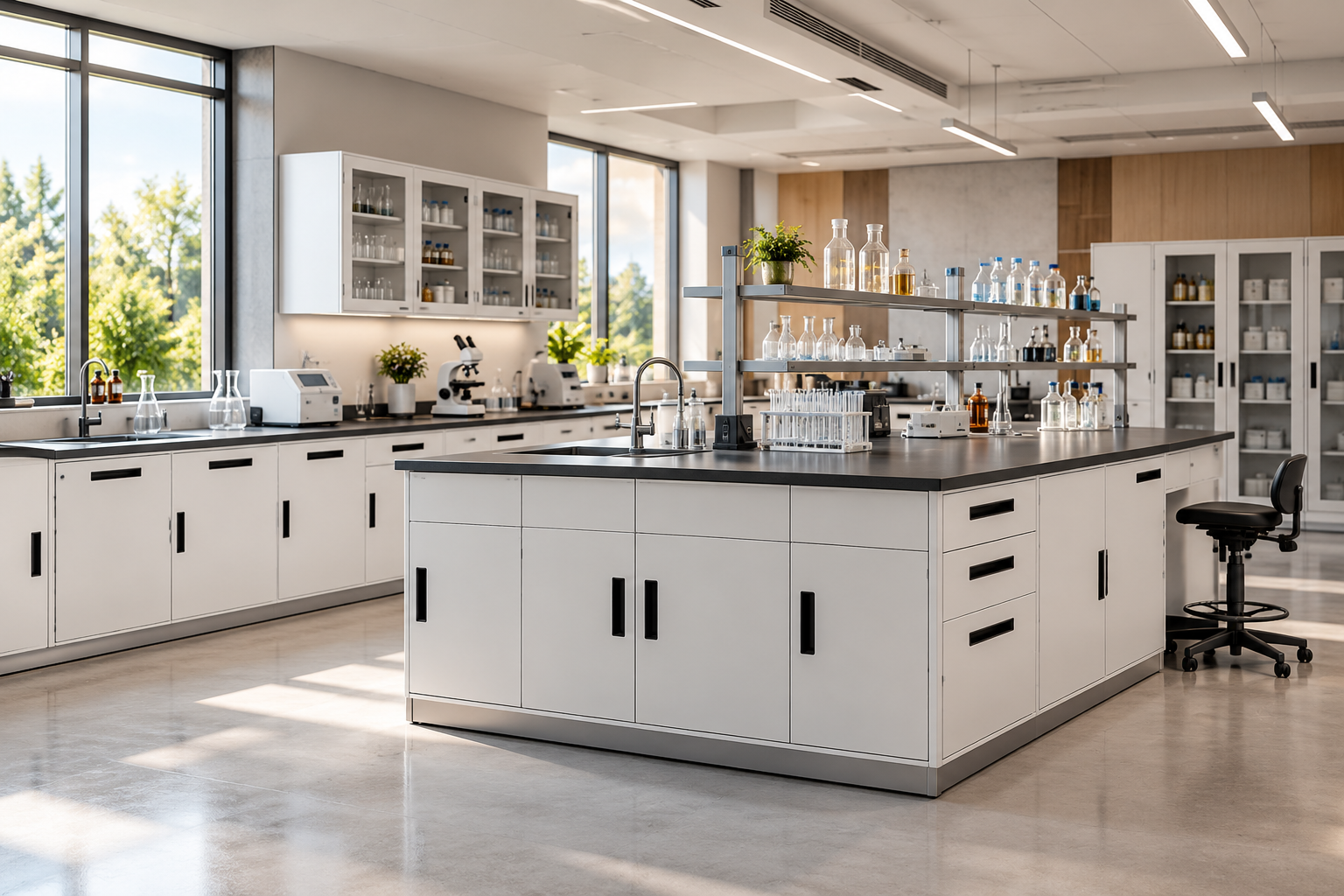 Modern laboratory wall storage with cabinets and work surfaces