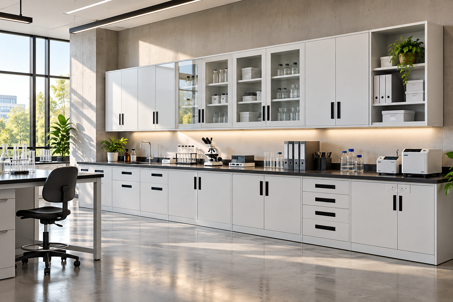 Laboratory installation with central workbenches and steel casework