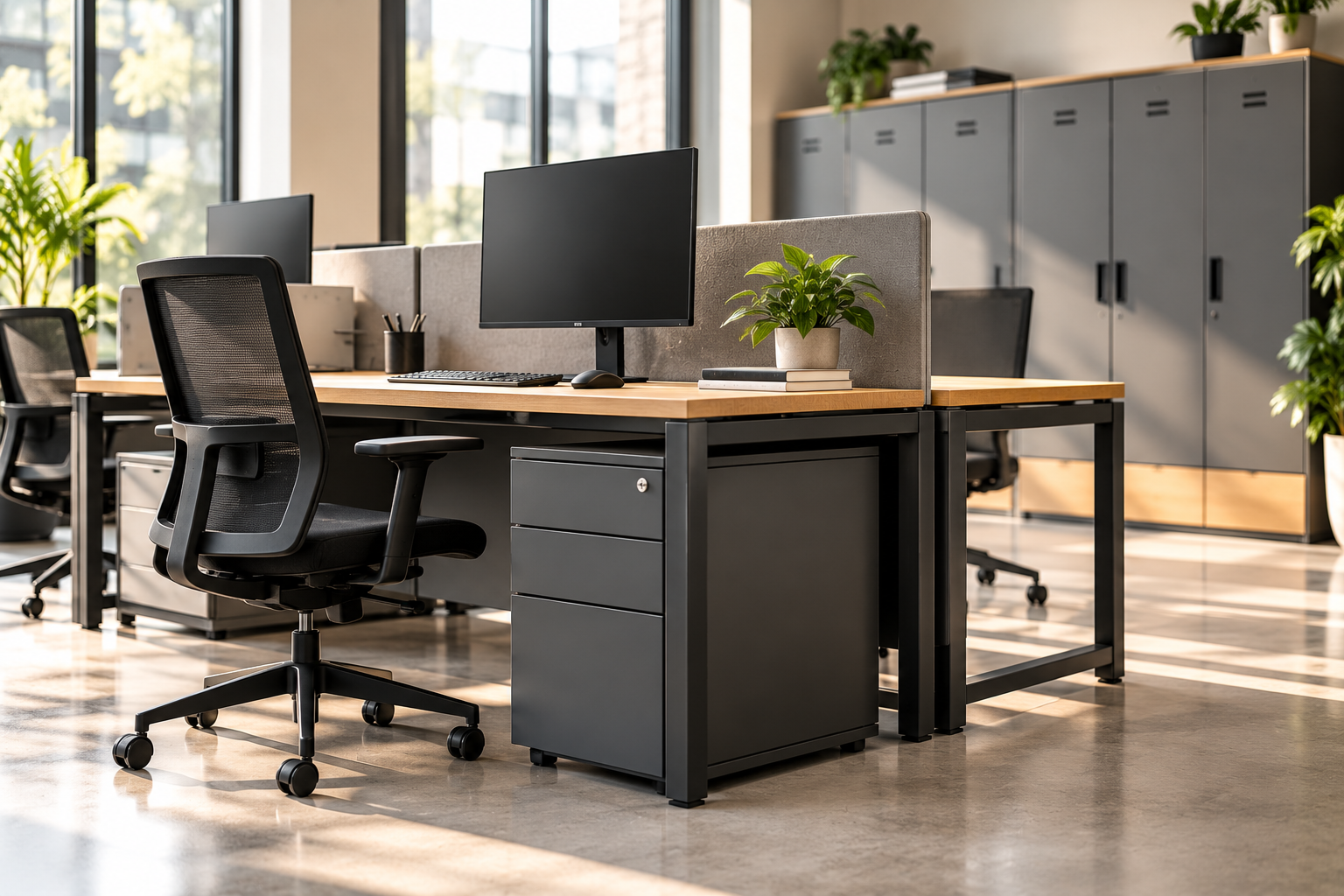 Modern office workstations with metal frames and warm wood surfaces