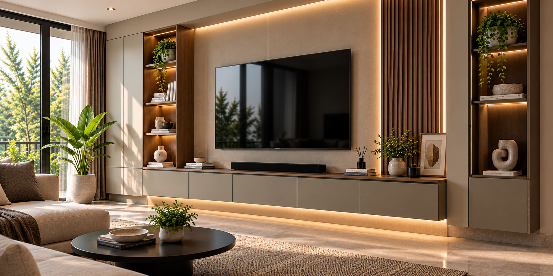 Modern media wall with floating cabinetry, display niches and warm lighting