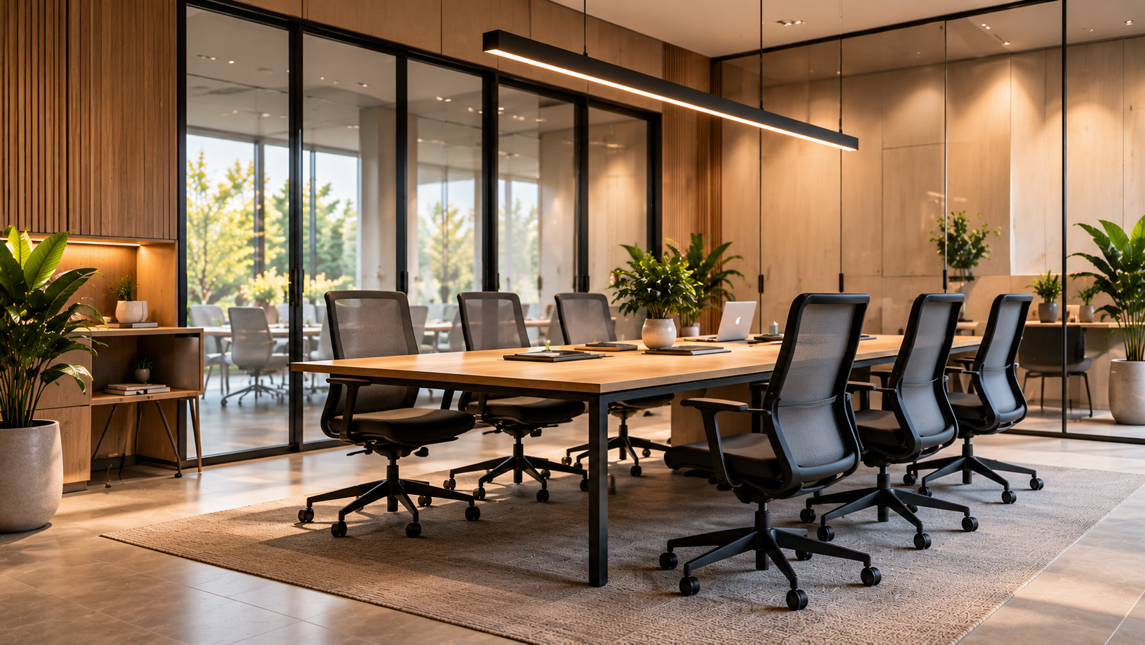 Contemporary conference room with an oak meeting table, ergonomic chairs and glass partitions