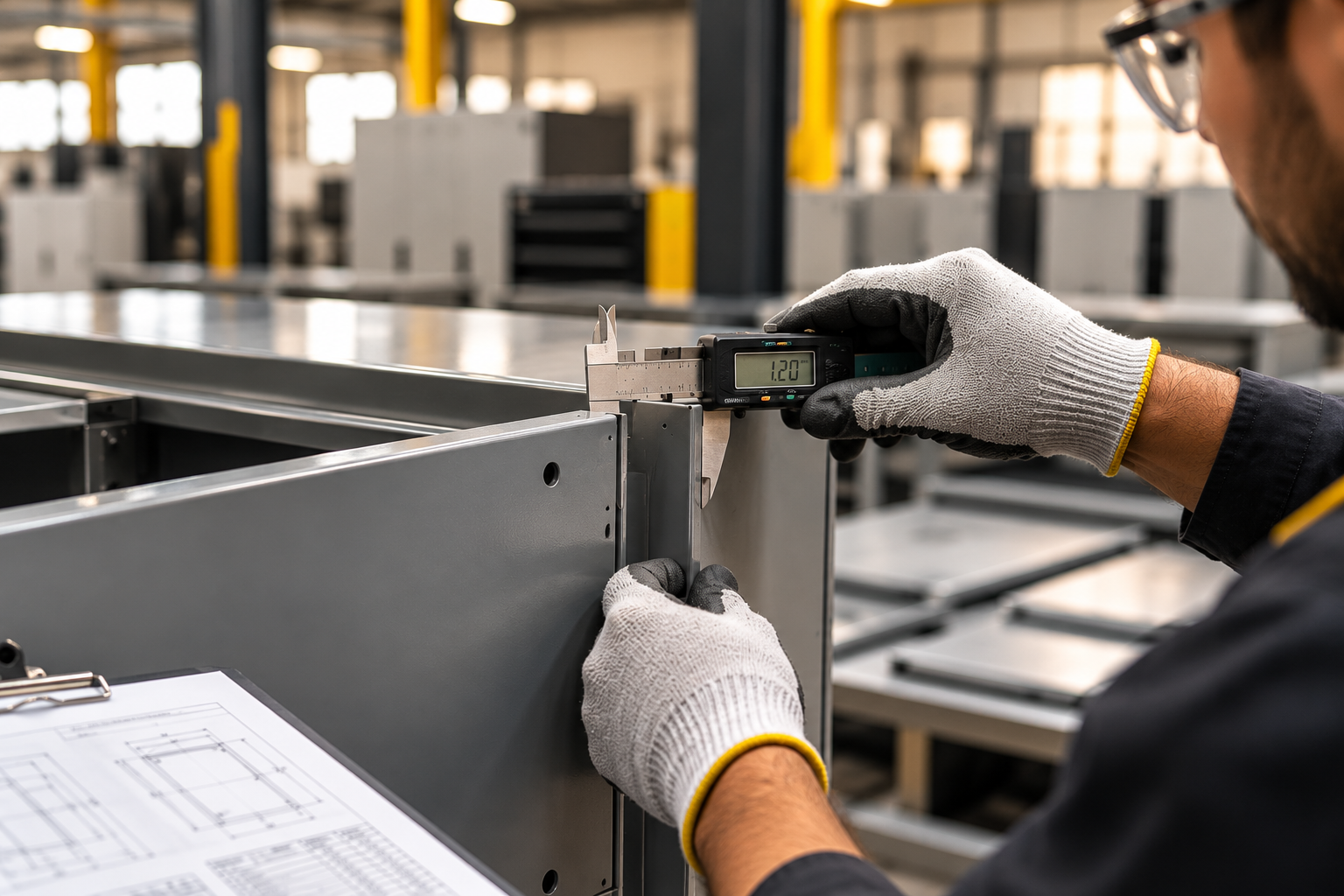Worker measuring a metal cabinet panel during inspection