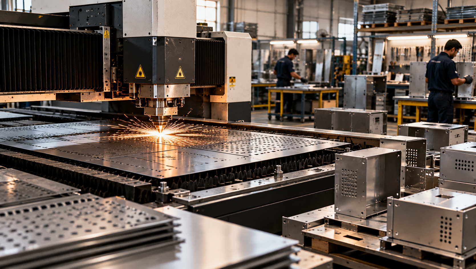 CNC machine cutting perforated sheet metal in a fabrication workshop