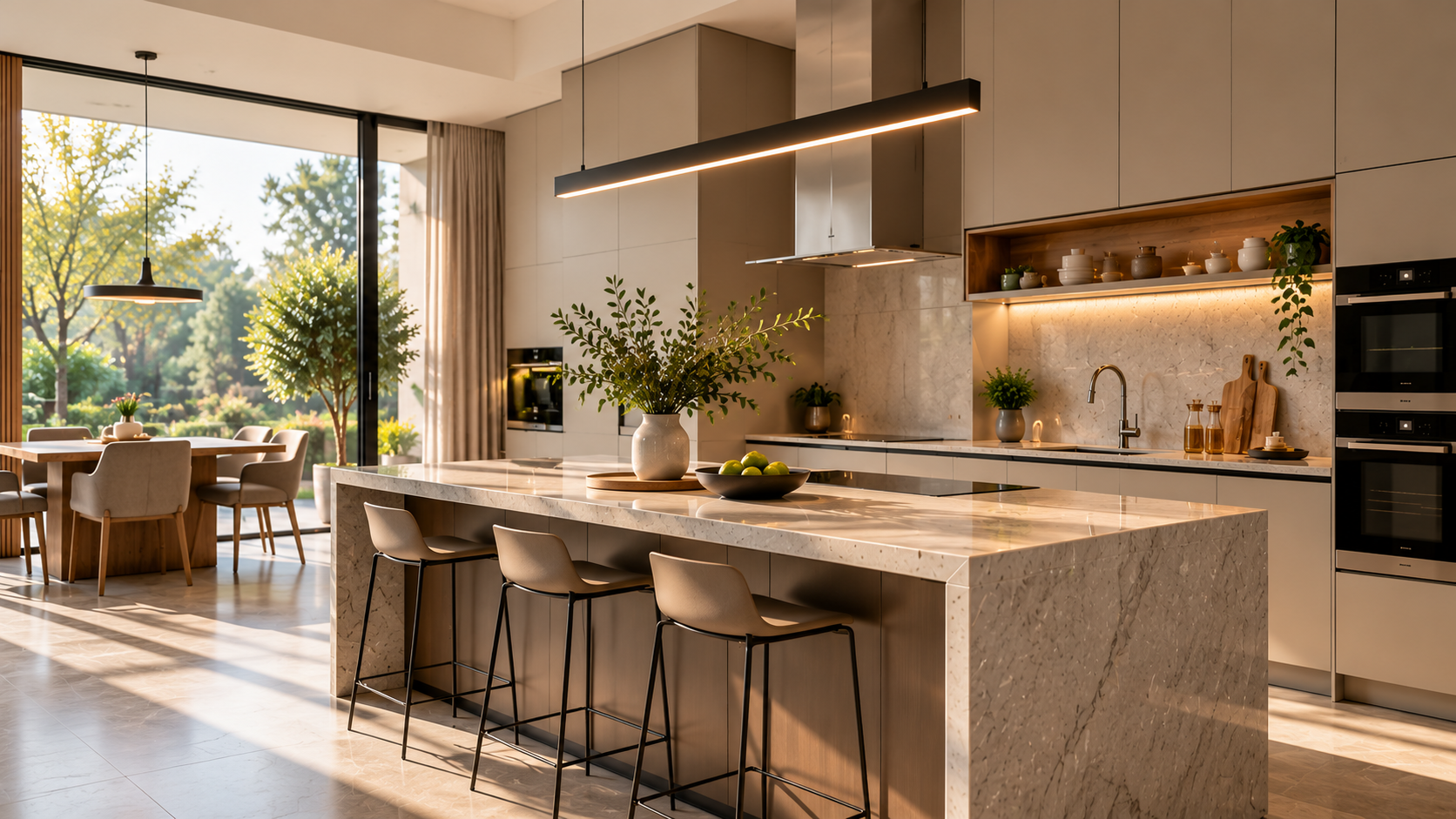 Contemporary kitchen featuring taupe cabinetry, integrated appliances, a stone island and warm lighting