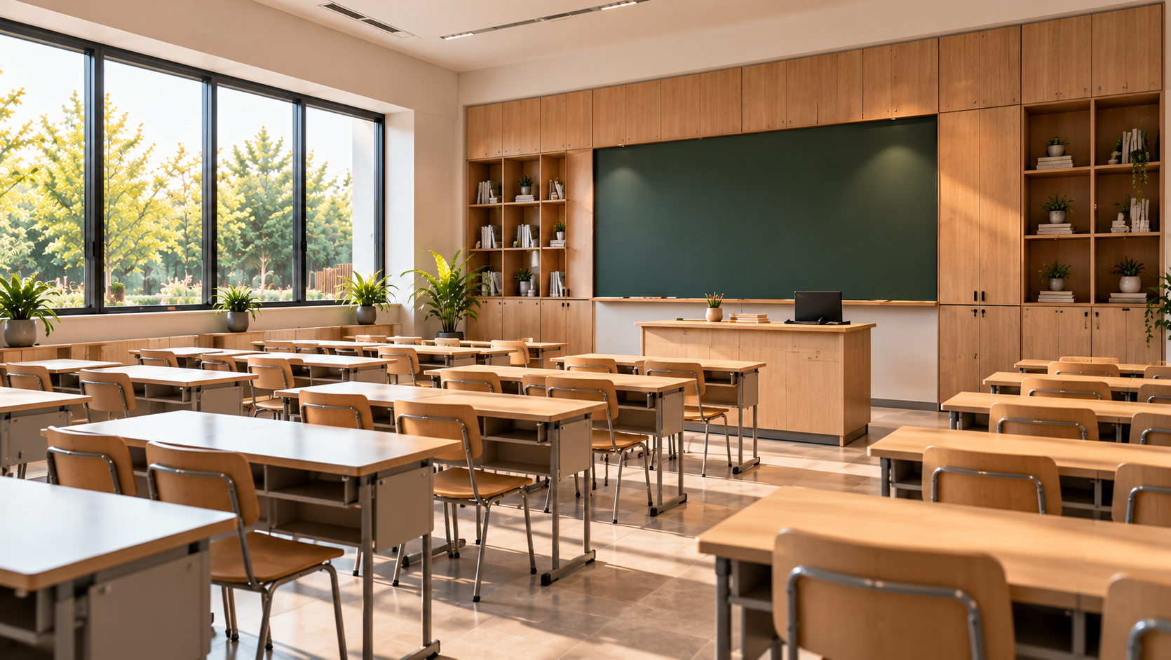 Bright contemporary classroom with organised desks, wooden furniture and built-in shelving