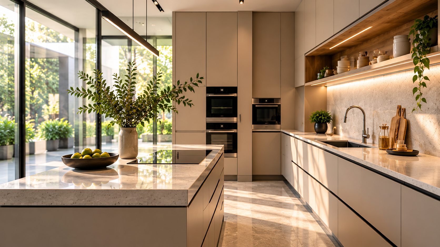 Contemporary kitchen with streamlined cabinetry, a stone island, and warm natural lighting