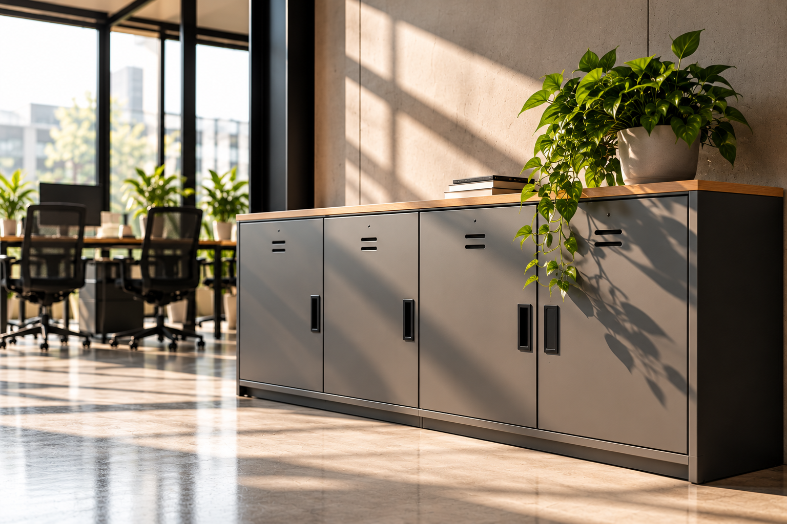 Modern cabinet with a warm wood top in a bright, thoughtfully organised workspace