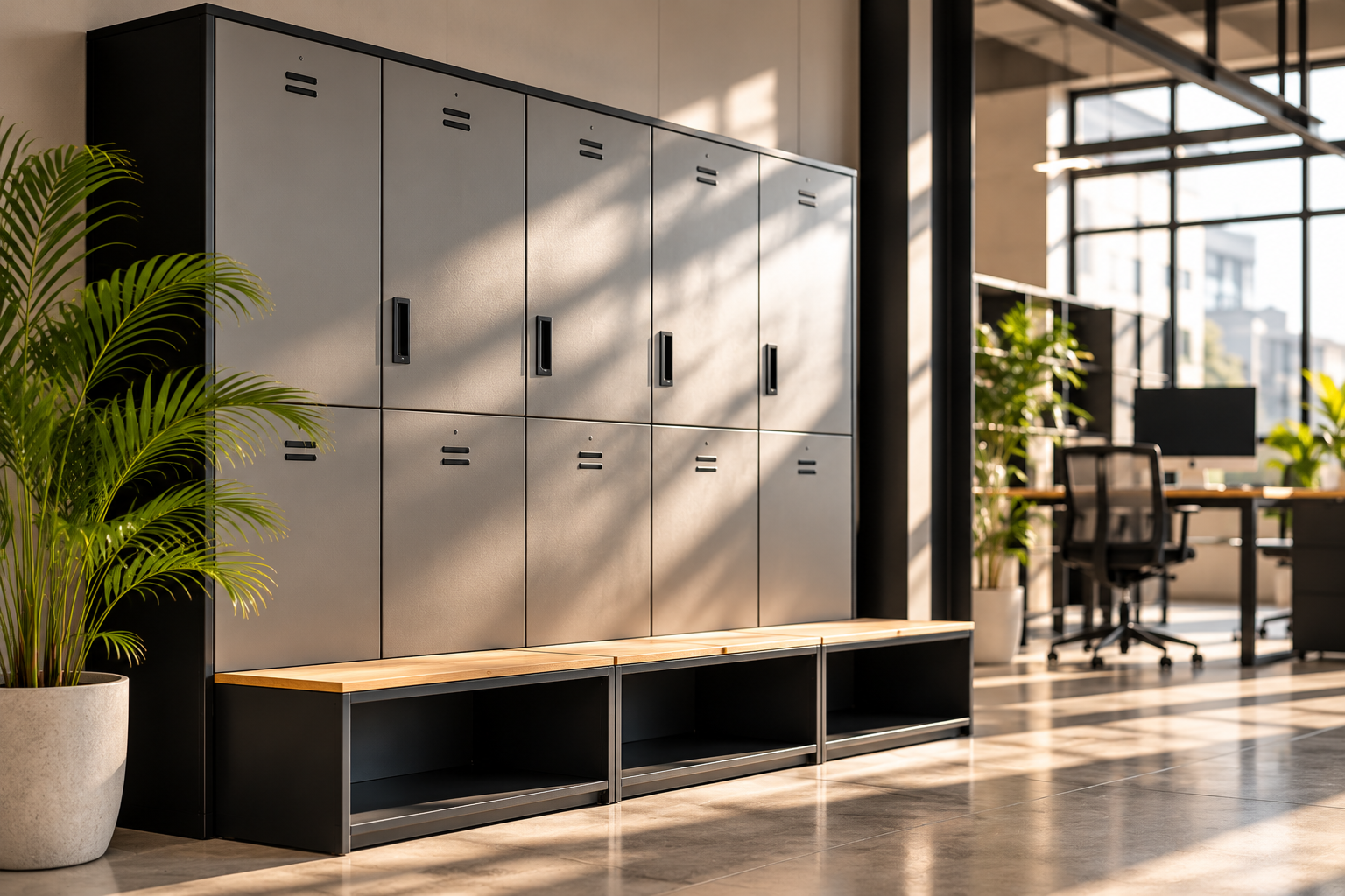 Modern metal lockers with integrated seating in a sunlit commercial workspace