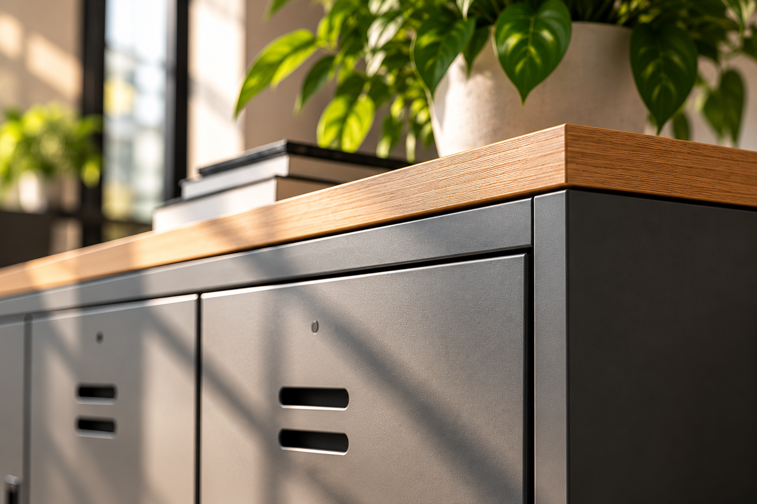 Close-up of a charcoal metal cabinet and oak tabletop showing material texture and precise detailing