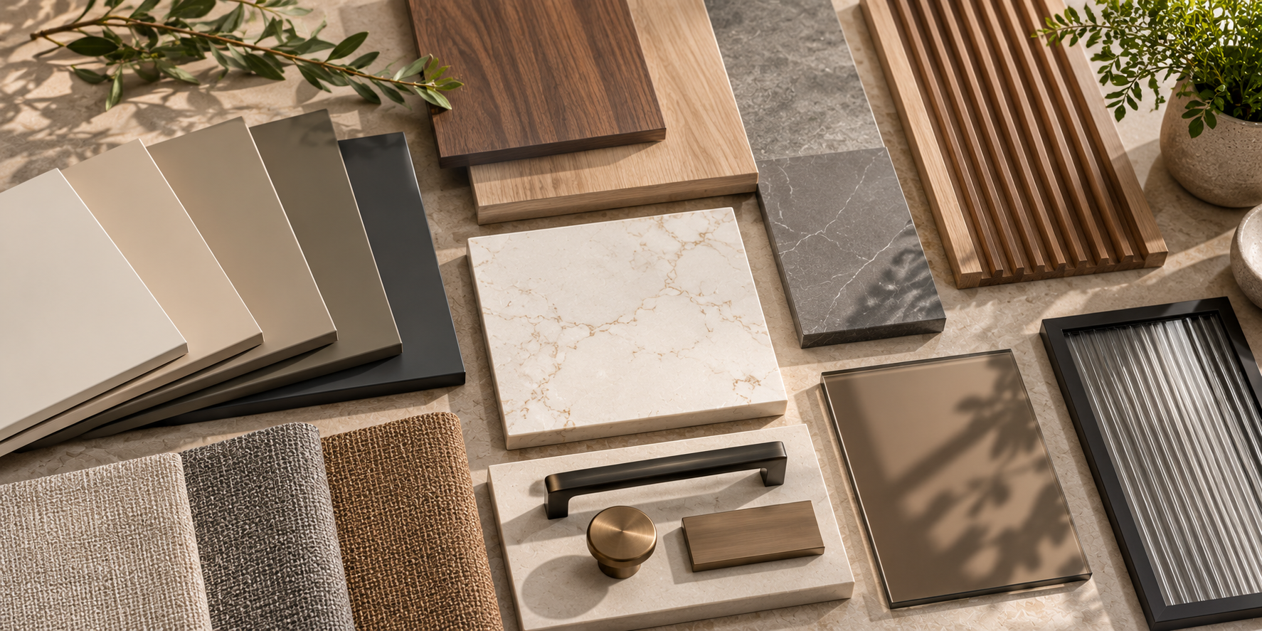 Interior finish mood board with cabinet colour samples, wood, stone, fabric and hardware
