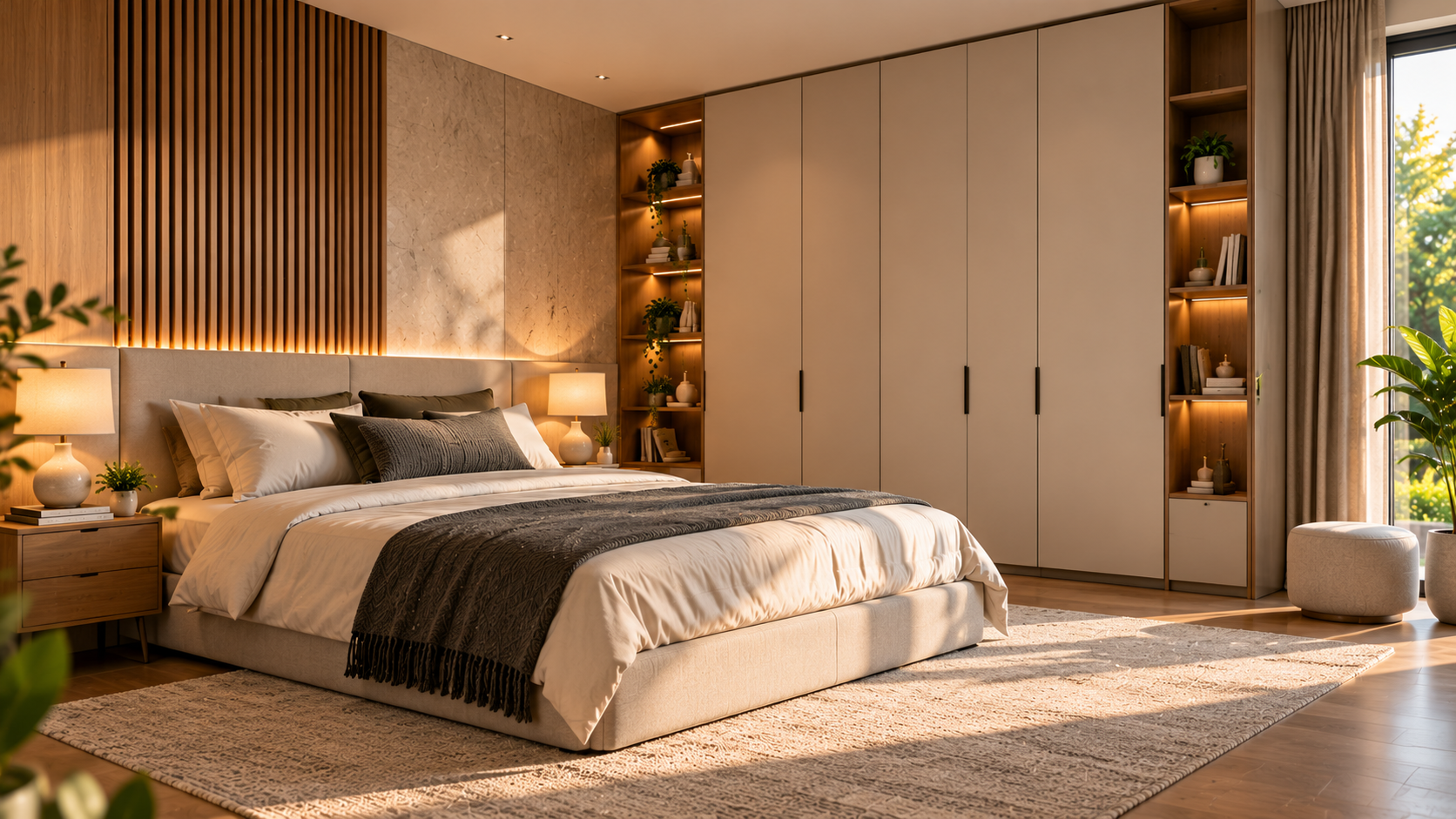 Minimalist bedroom with full-height built-in wardrobes and warm wood detailing