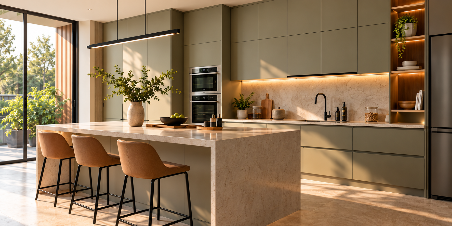 Contemporary modular kitchen with warm neutral cabinetry, a stone island and garden views