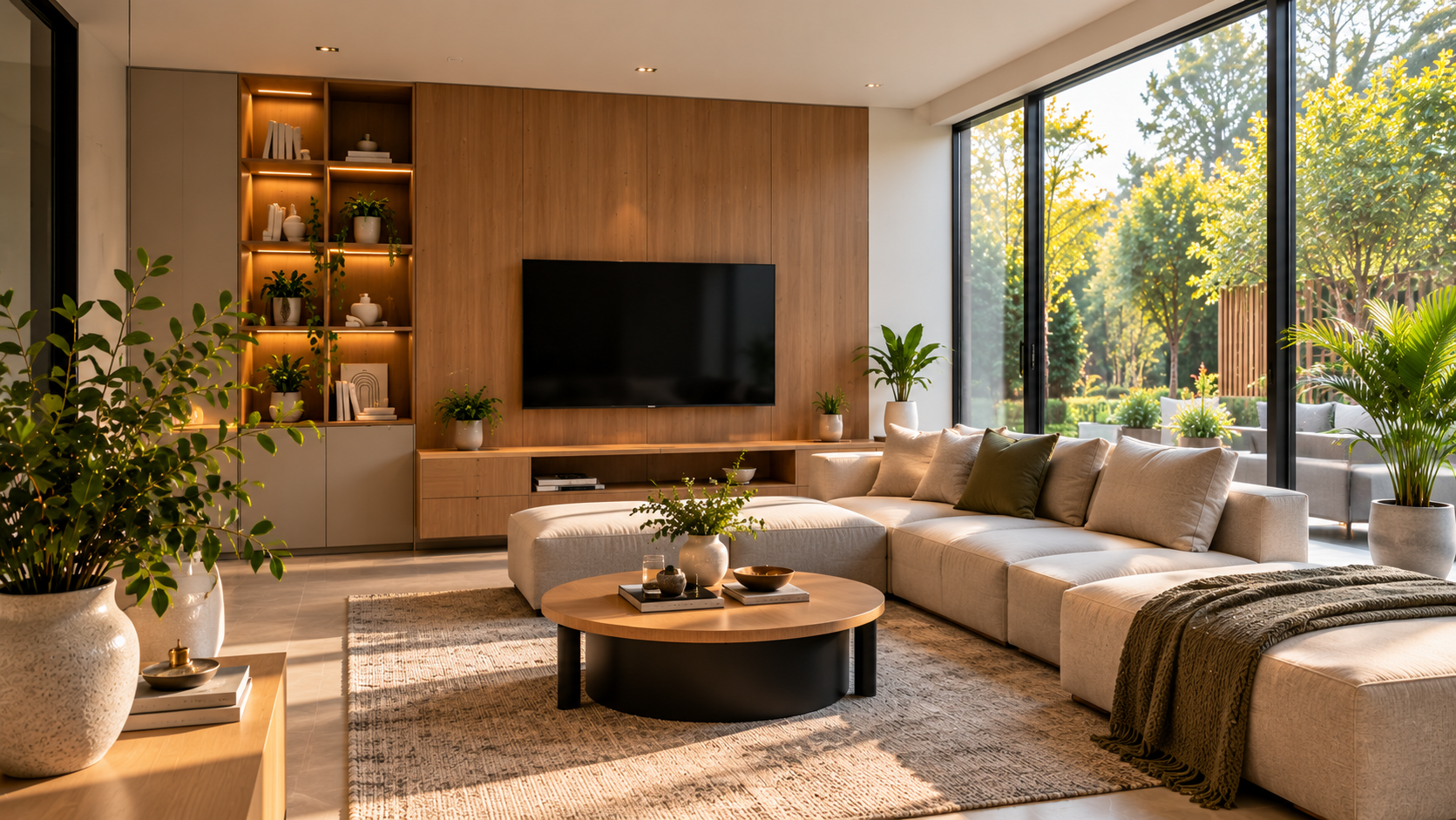 Modern living room with integrated wooden media storage and neutral furnishings