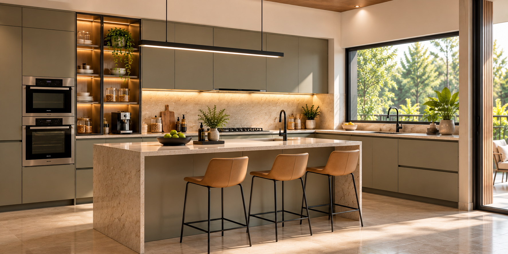 Olive and greige modular kitchen with integrated appliances