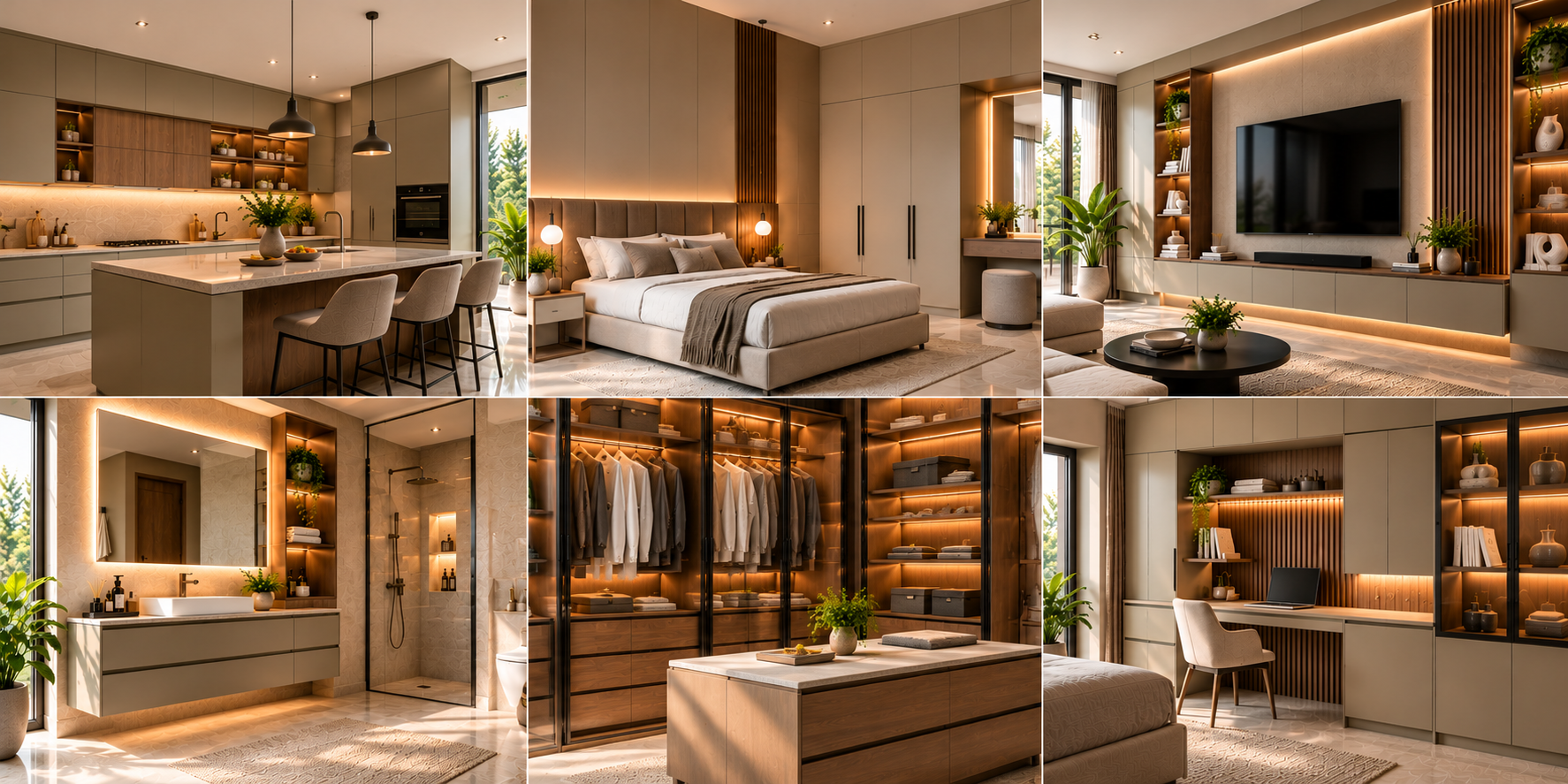 Interior inspiration collage featuring coordinated modern home spaces and modular furniture