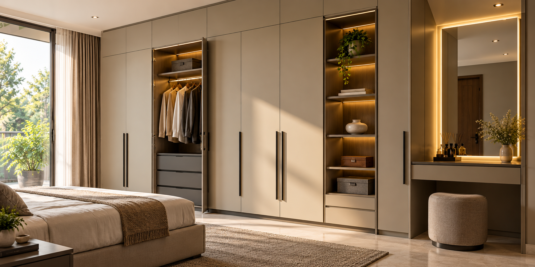 Modern built-in wardrobe with illuminated open storage