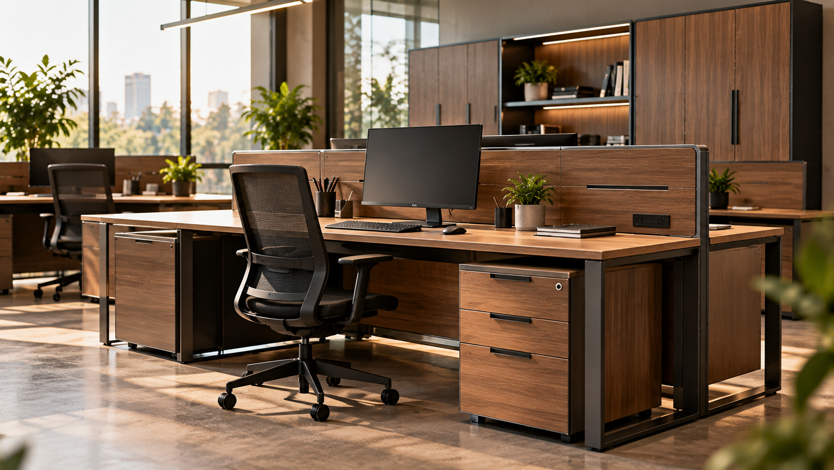 Contemporary office furniture with a warm wood-grain finish, dark metal framing, integrated storage and modern workstations