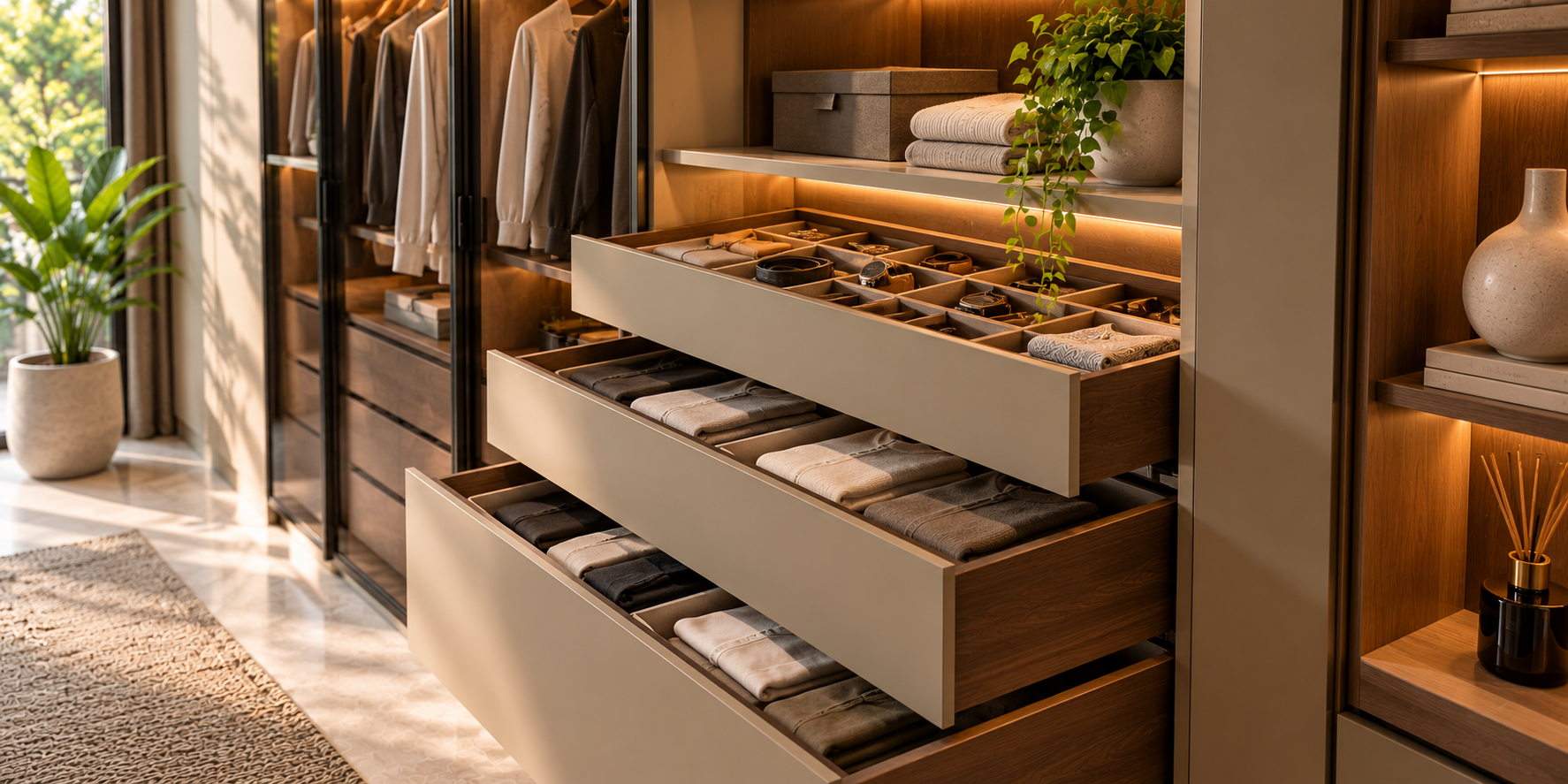 Detailed wardrobe storage with pull-out drawers, organised accessories and warm integrated lighting