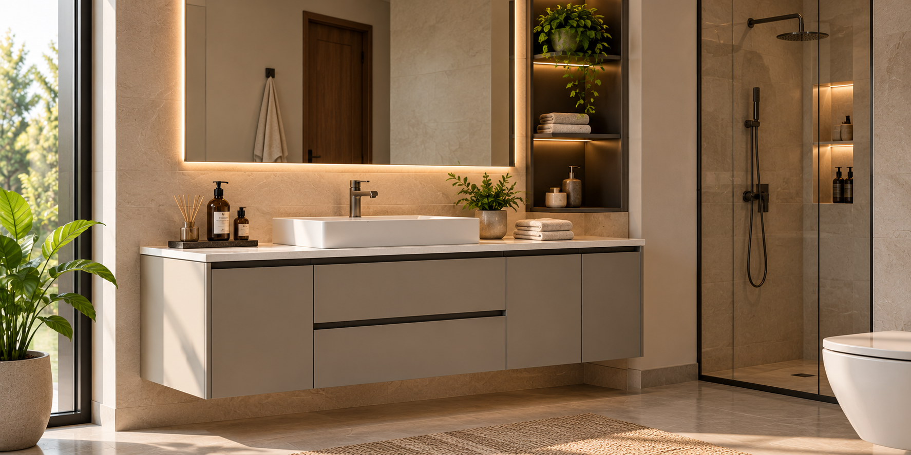 Contemporary floating bathroom vanity with warm stone finishes