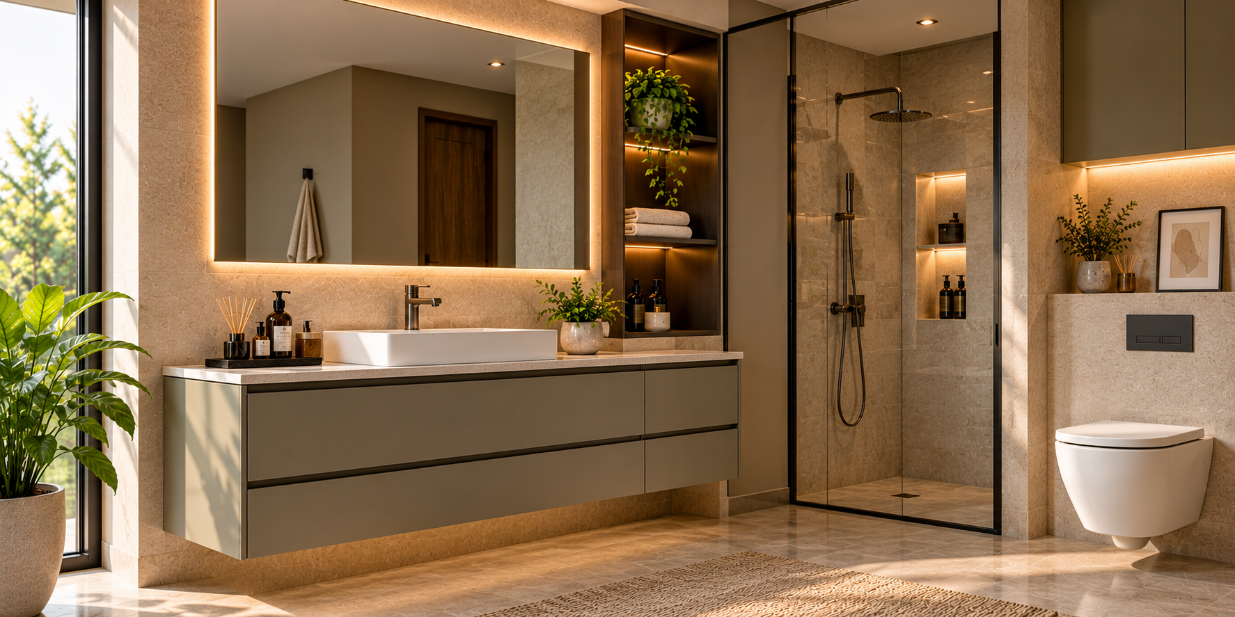 Floating taupe bathroom vanity with illuminated mirror and stone surfaces