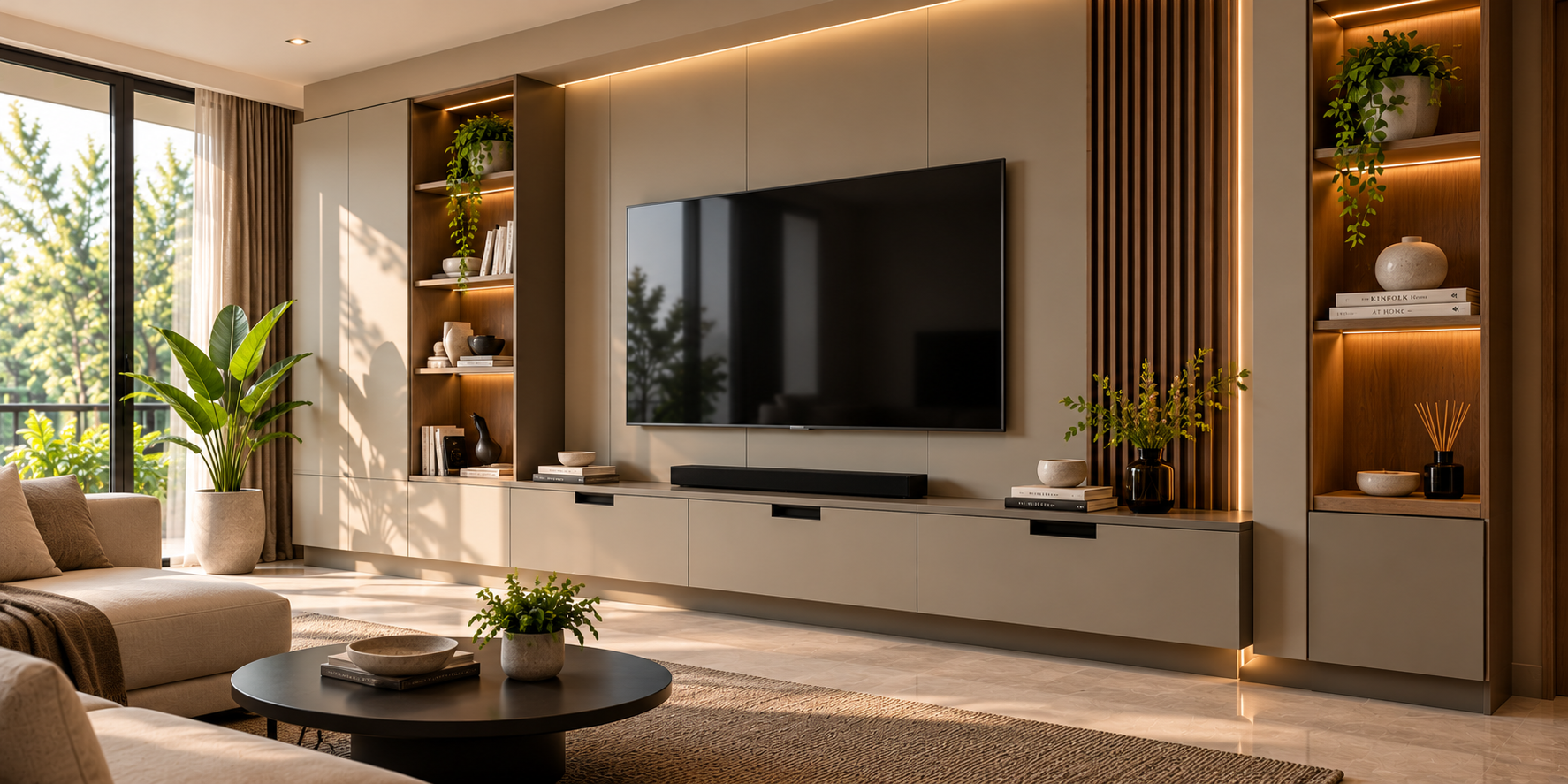 Modern media wall with floating TV console and display shelving